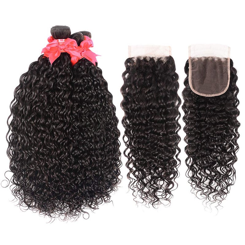 Miss GAGA Brazilian Water Wave Bundles with Closure (12 14 16+10) 100% Unprocessed Nutural Wave 3 Bundles with Closure 4x4 Free Part Wet and Wavy Curly Wave Hair Extensions - Image 4